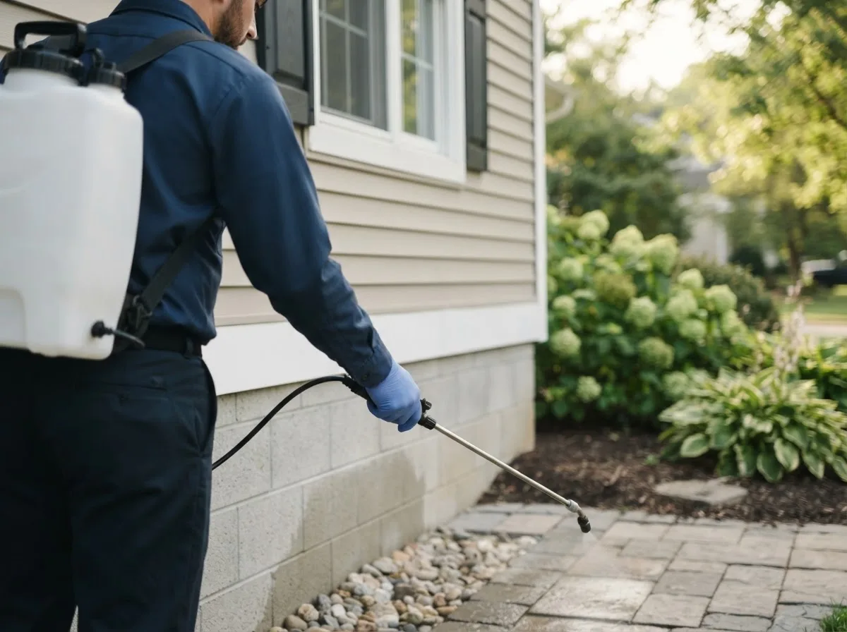 Pest control technician inspecting a home in Peggs, OK
